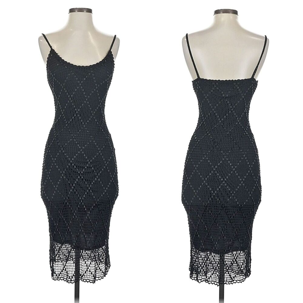 Vintage 90s Basix II Black Beaded Crochet Dress Midi Whimsigoth Size S